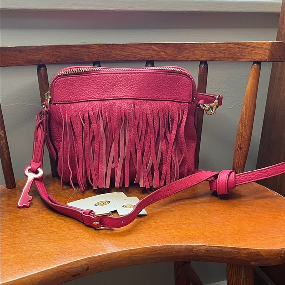 Fossil Handbags - NWOT Fossil Sydney Fringe Leather Crossbody Pomegranate